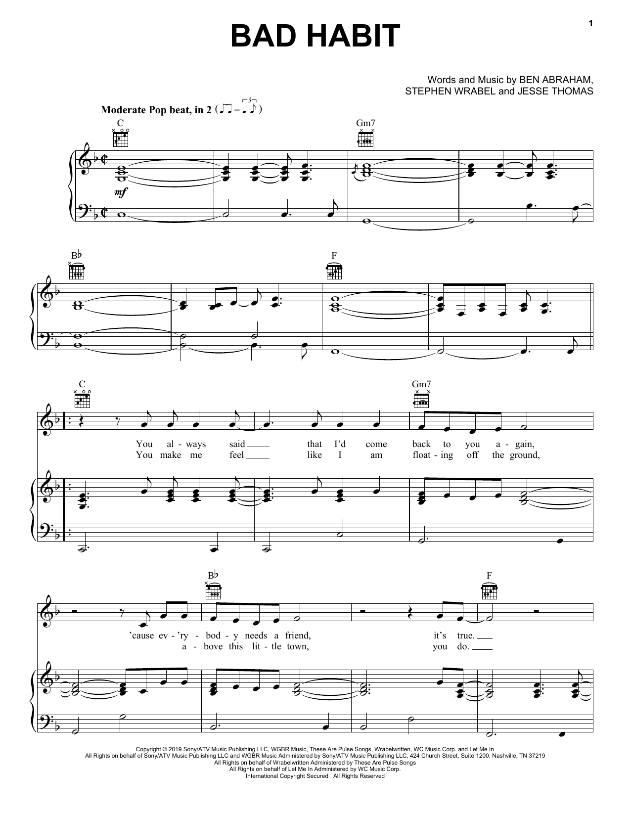 Ben Platt Bad Habit Sheet Music Notes & Chords for Piano, Vocal & Guitar (Right-Hand Melody) - Download or Print PDF