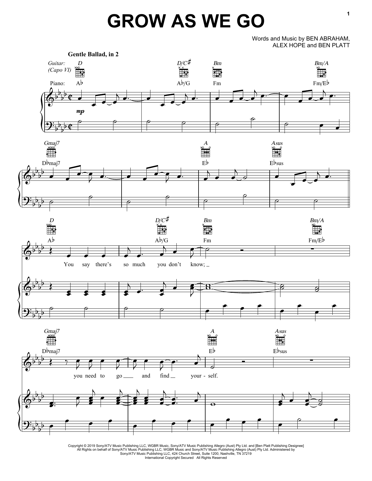 Ben Platt Grow As We Go Sheet Music Notes & Chords for Piano, Vocal & Guitar (Right-Hand Melody) - Download or Print PDF