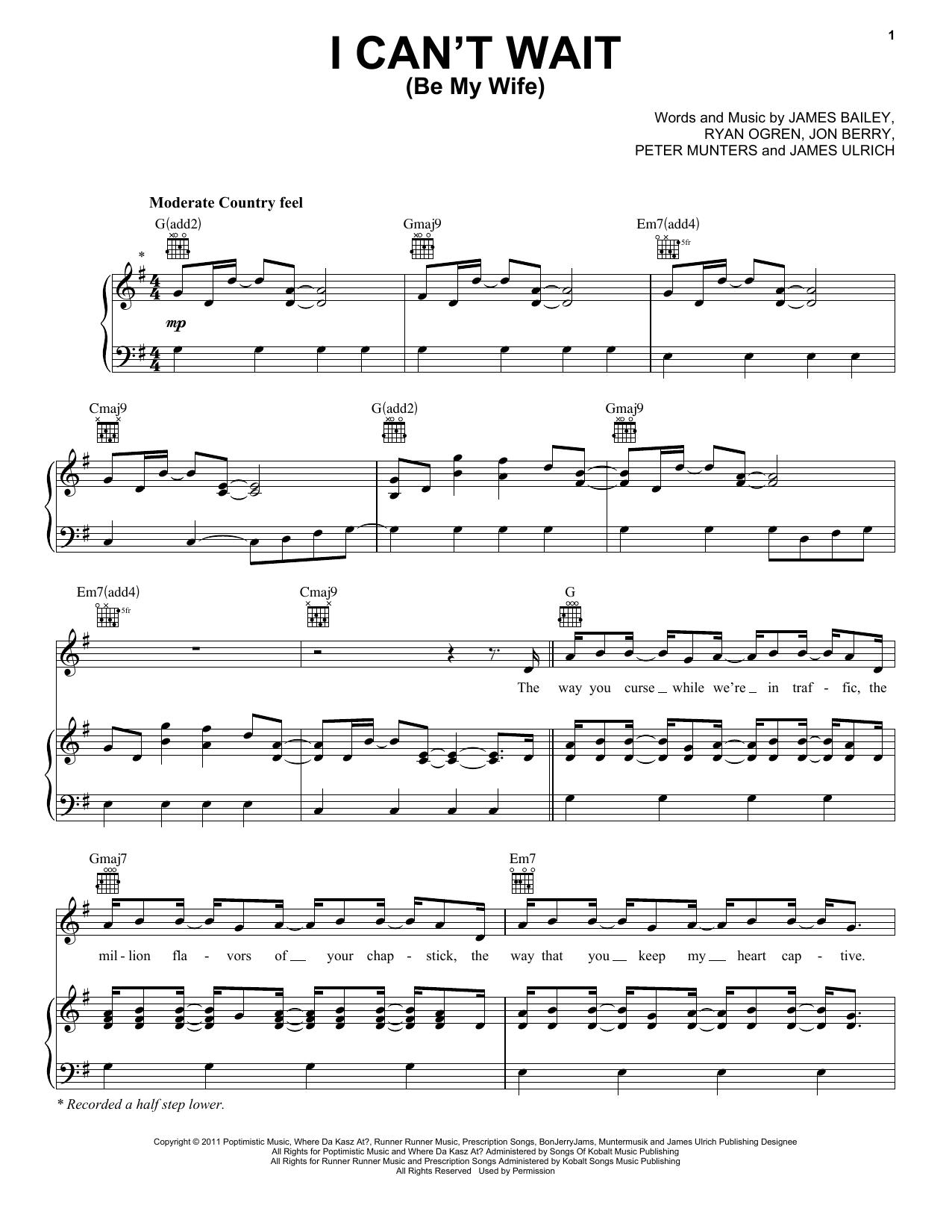 Ben Rue I Can't Wait (Be My Wife) Sheet Music Notes & Chords for Piano, Vocal & Guitar (Right-Hand Melody) - Download or Print PDF