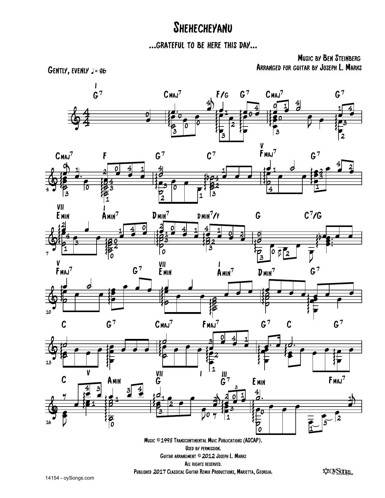 Ben Steinberg Shehecheyanu (arr. Joe Marks) Sheet Music Notes & Chords for Solo Guitar Tab - Download or Print PDF