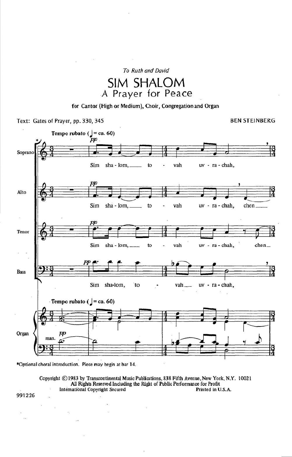 Ben Steinberg Sim Shalom (Prayer For Peace) Sheet Music Notes & Chords for SATB Choir - Download or Print PDF
