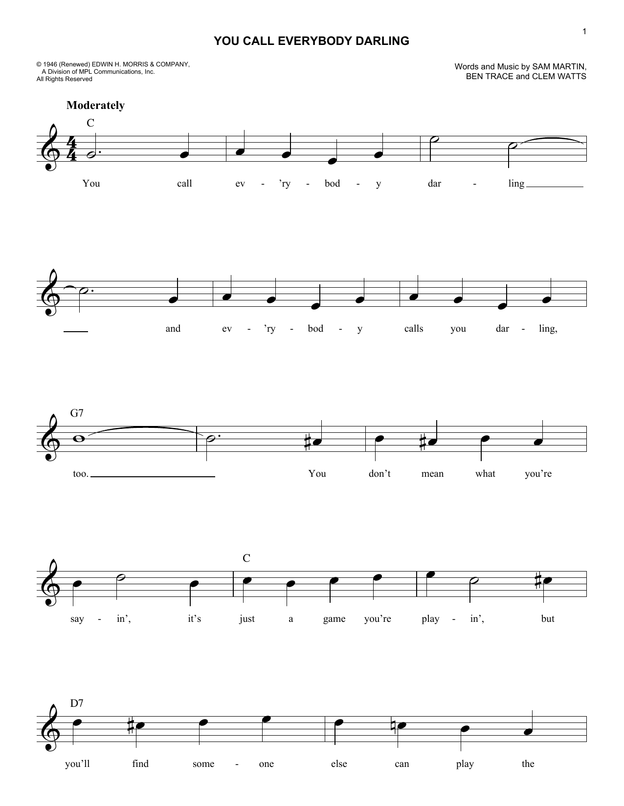 Ben Trace You Call Everybody Darling Sheet Music Notes & Chords for Melody Line, Lyrics & Chords - Download or Print PDF
