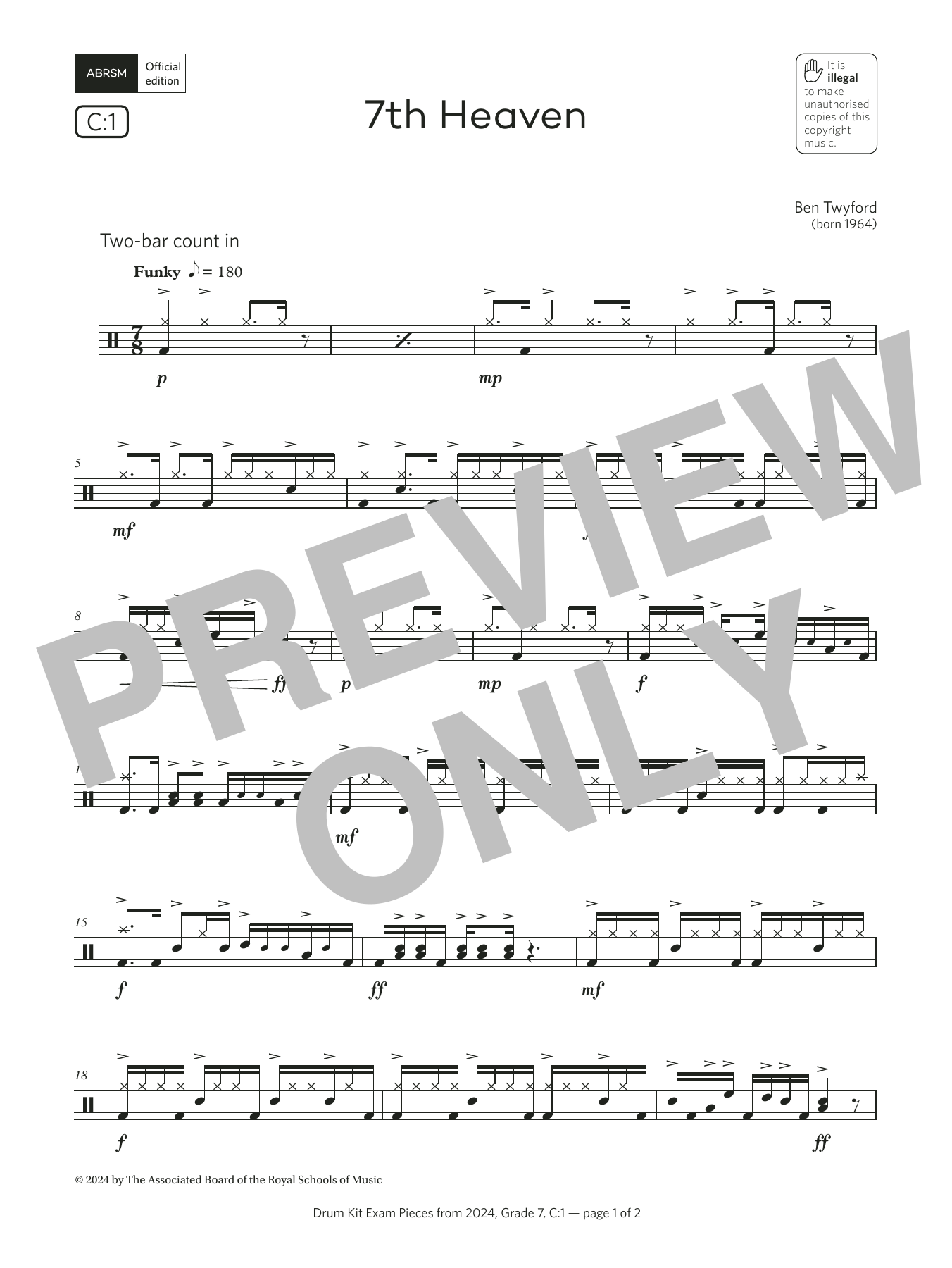 Ben Twyford 7th Heaven (Grade 7, list C1, from the ABRSM Drum Kit Syllabus 2024) Sheet Music Notes & Chords for Drums - Download or Print PDF