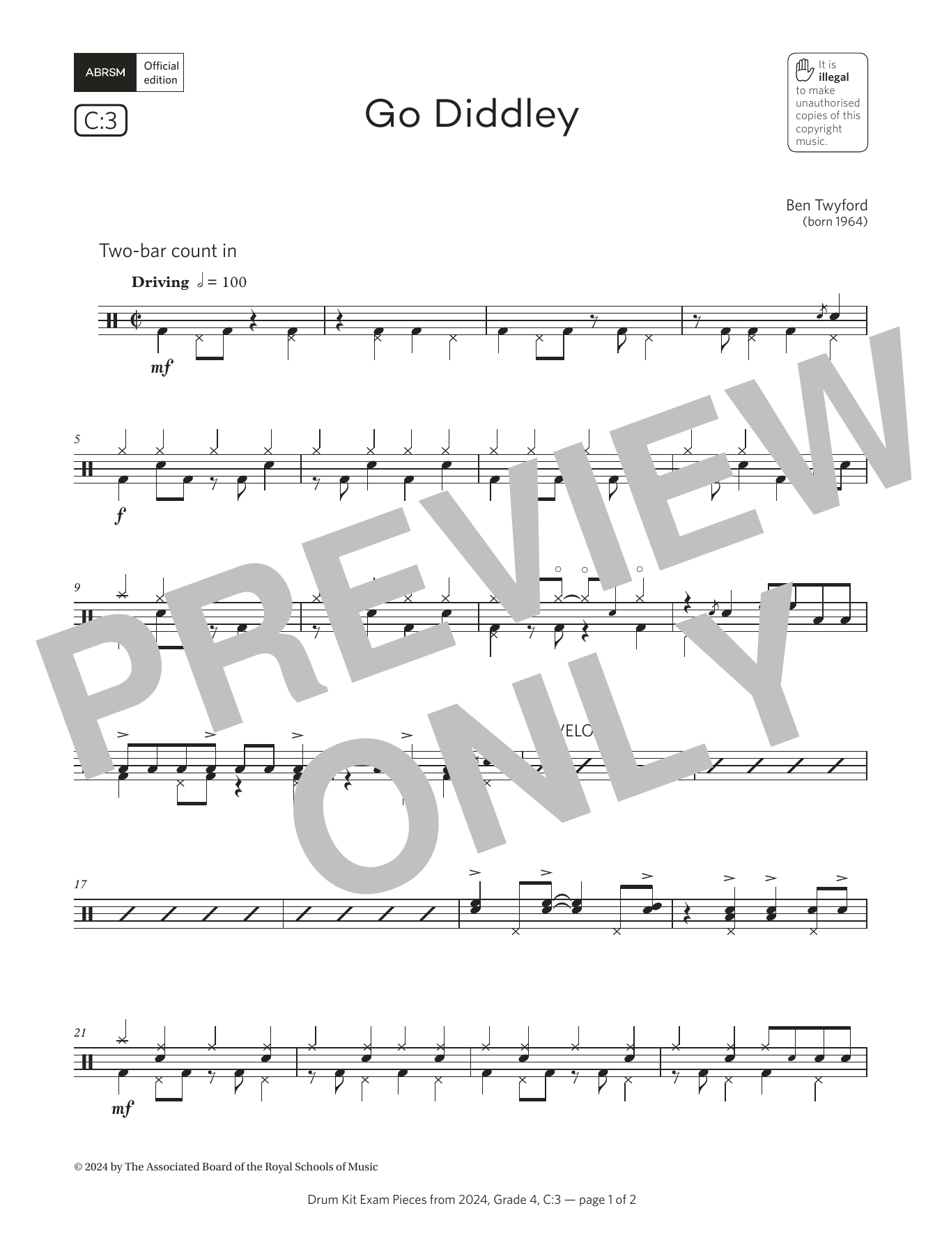 Ben Twyford Go Diddley (Grade 4, list C3, from the ABRSM Drum Kit Syllabus 2024) Sheet Music Notes & Chords for Drums - Download or Print PDF