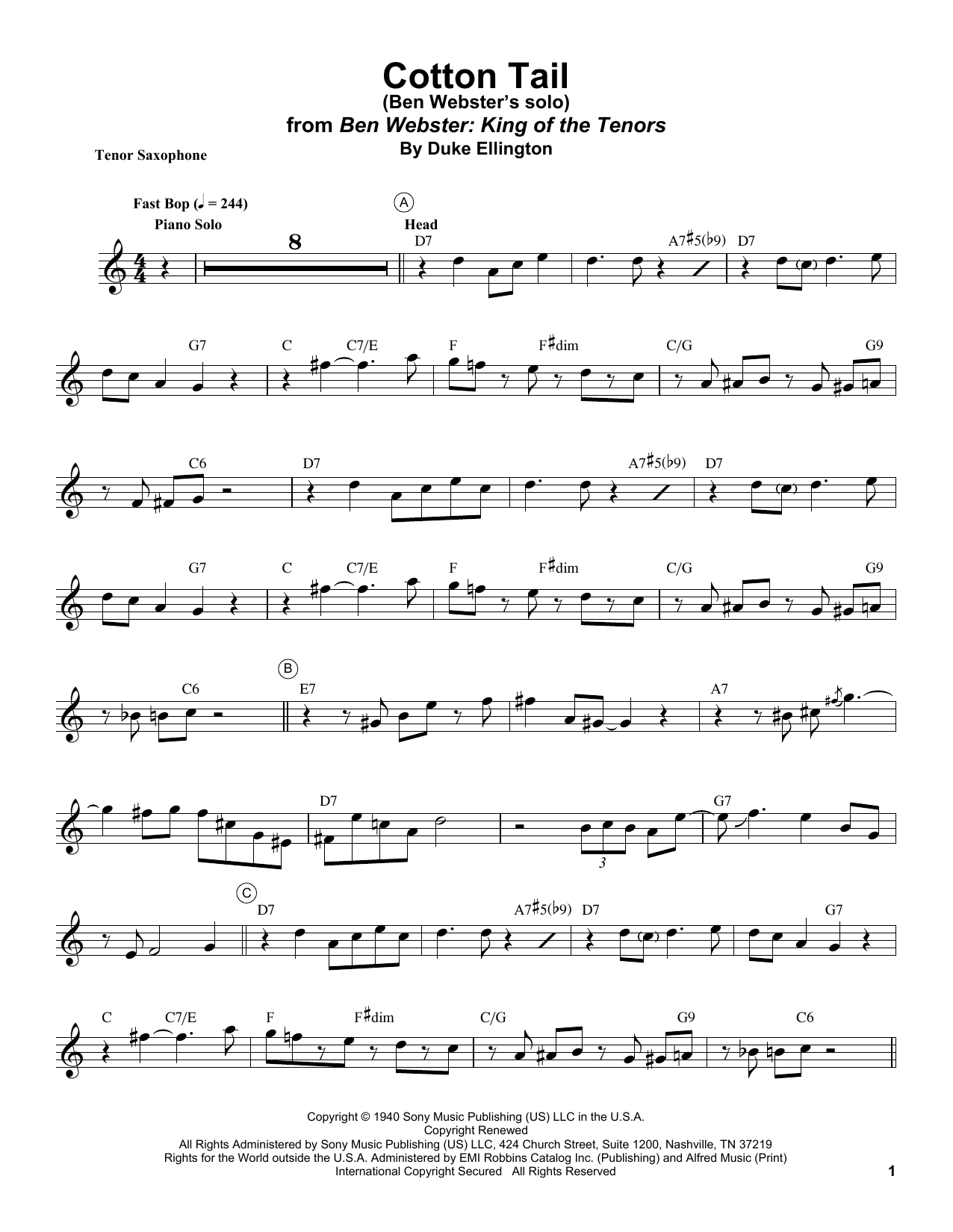 Ben Webster Cotton Tail Sheet Music Notes & Chords for Tenor Sax Transcription - Download or Print PDF