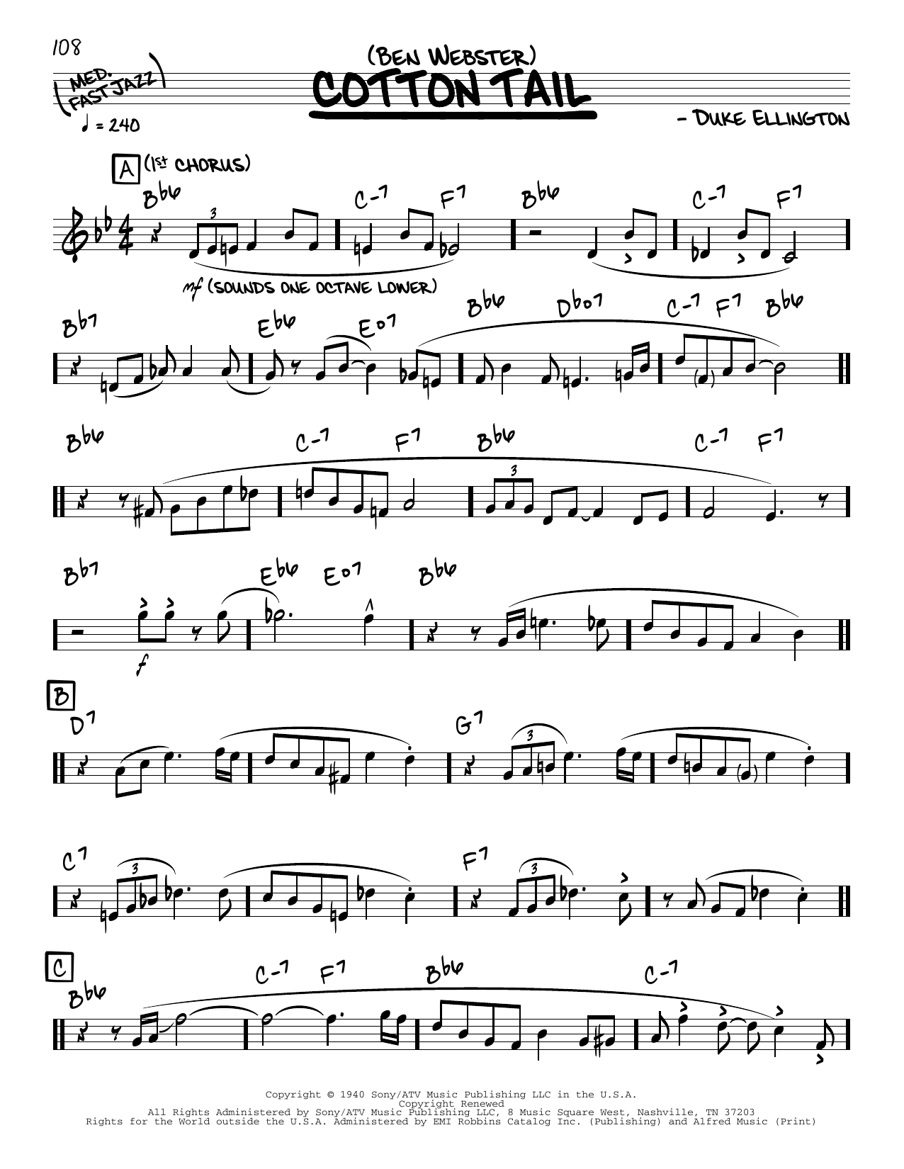 Ben Webster Cotton Tail (solo only) Sheet Music Notes & Chords for Real Book – Melody & Chords - Download or Print PDF