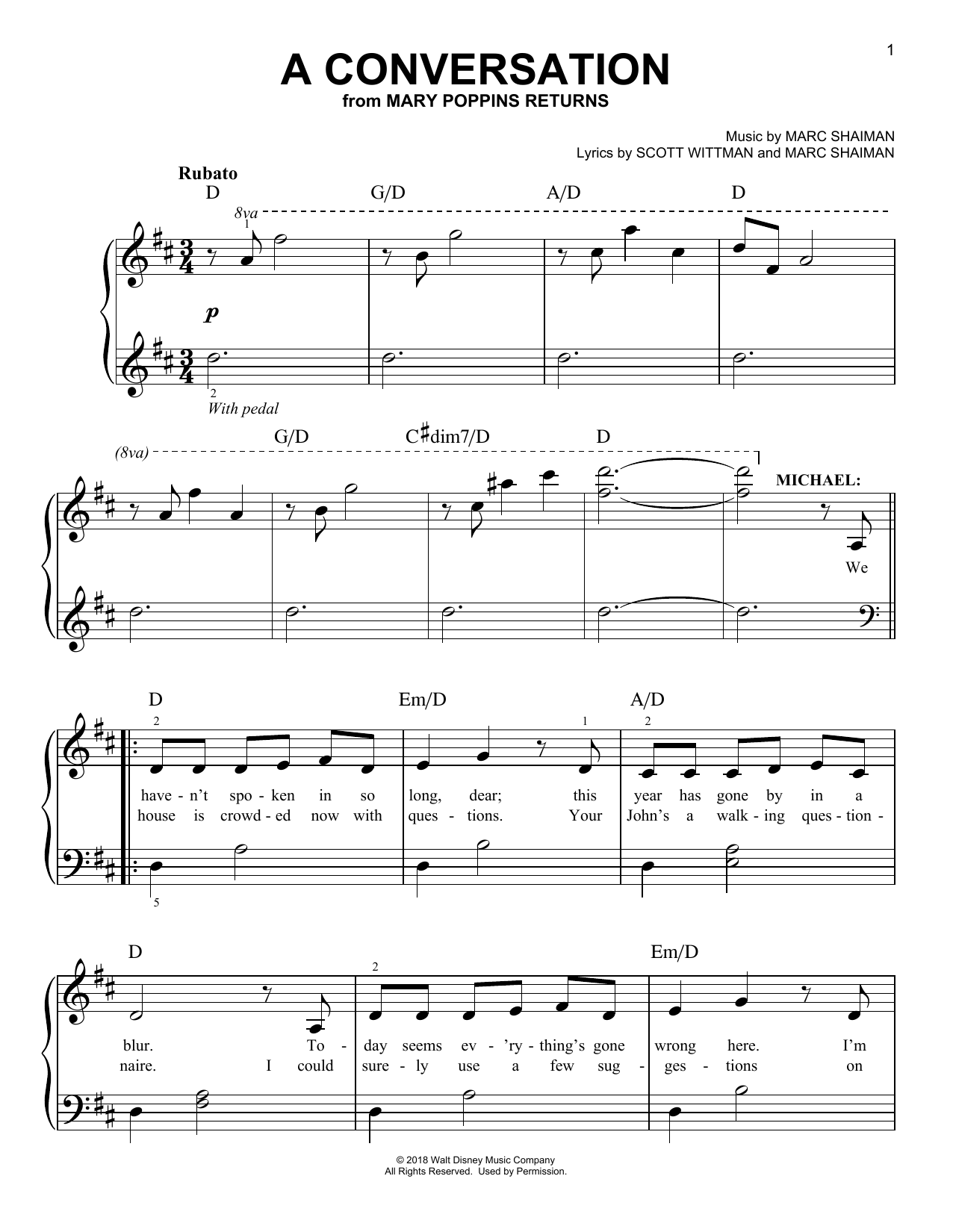 Ben Whishaw A Conversation (from Mary Poppins Returns) Sheet Music Notes & Chords for Piano, Vocal & Guitar (Right-Hand Melody) - Download or Print PDF