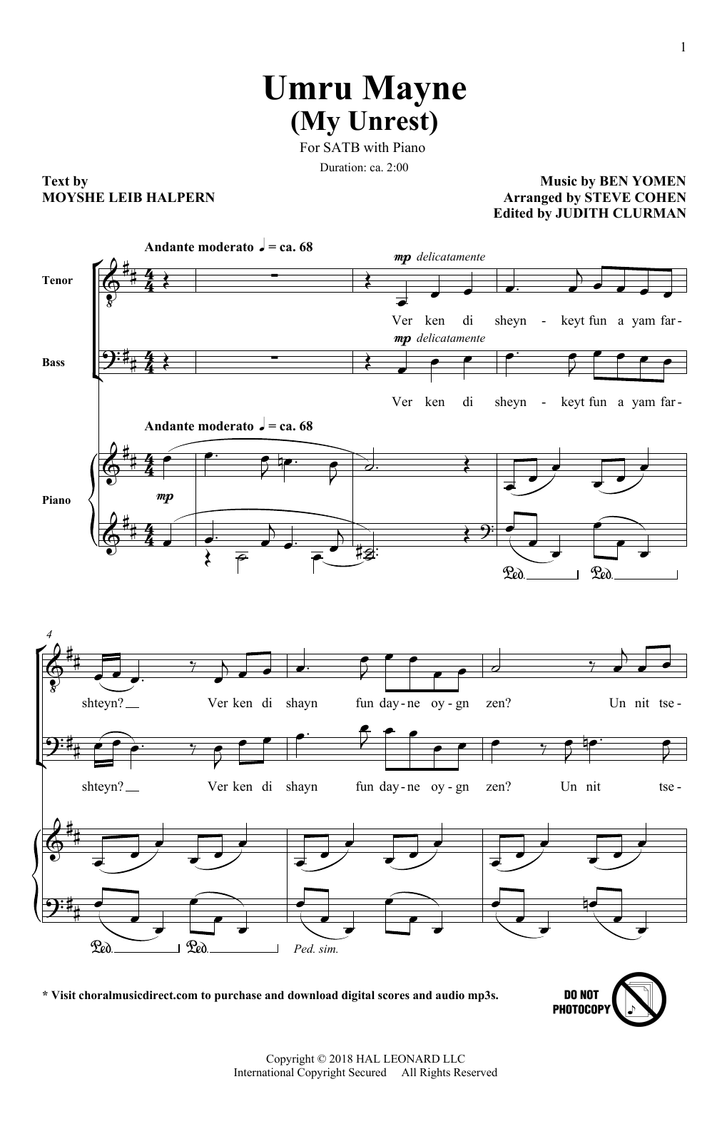 Ben Yomen Umru Mayne (My Unrest) (arr. Steve Cohen) Sheet Music Notes & Chords for SATB Choir - Download or Print PDF