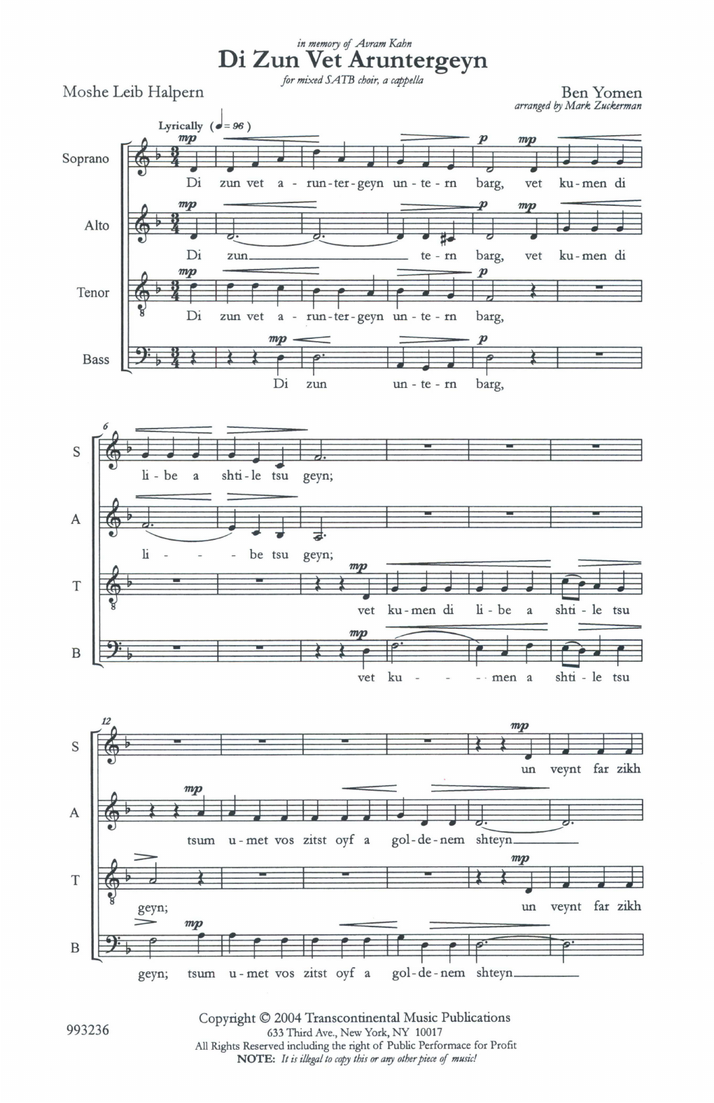 Ben Yomin Di Zun Vet Aruntergeyn (The Sun Will Set) (arr. Mark Zuckerman) Sheet Music Notes & Chords for SATB Choir - Download or Print PDF