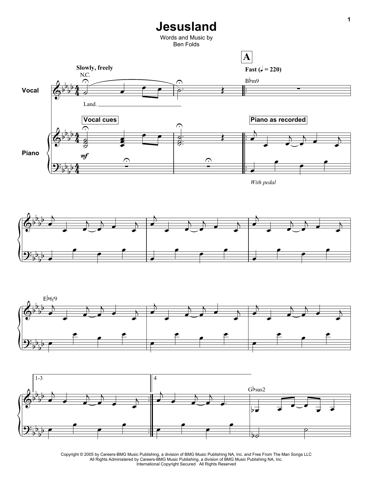 Preview Ben Folds Jesusland Rock sheet music, notes and chords for Piano, Vocal & Guitar, SKU: 33772 Jesusland sheet music