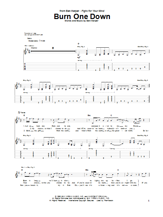 Preview Ben Harper Burn One Down Pop sheet music, notes and chords for Lyrics & Chords, SKU: 94077 Burn One Down sheet music