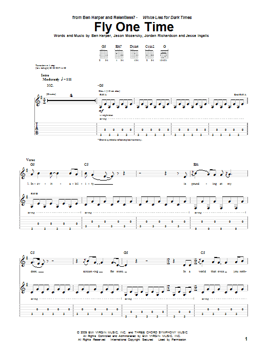 Preview Ben Harper and Relentless7 Fly One Time Rock sheet music, notes and chords for Guitar Tab, SKU: 71971 Fly One Time sheet music