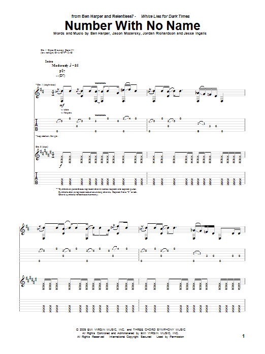 Preview Ben Harper and Relentless7 Number With No Name Rock sheet music, notes and chords for Guitar Tab, SKU: 71968 Number With No Name sheet music