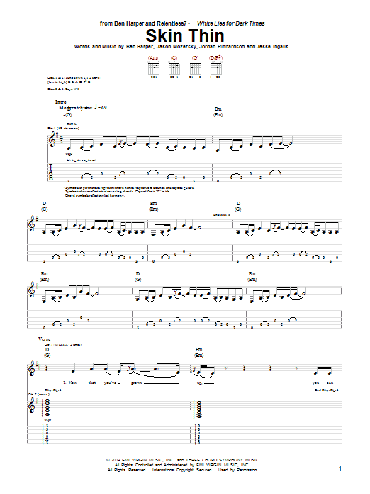 Preview Ben Harper and Relentless7 Skin Thin Rock sheet music, notes and chords for Guitar Tab, SKU: 71967 Skin Thin sheet music