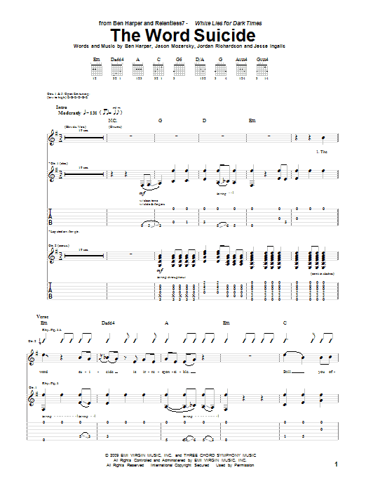 Preview Ben Harper and Relentless7 The Word Suicide Rock sheet music, notes and chords for Guitar Tab, SKU: 71964 The Word Suicide sheet music