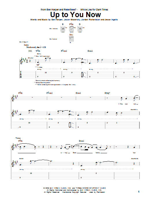 Preview Ben Harper and Relentless7 Up To You Now Rock sheet music, notes and chords for Guitar Tab, SKU: 71966 Up To You Now sheet music