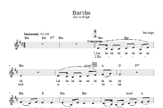 Preview Ben Siegel Bar'chu Religious sheet music, notes and chords for Melody Line, Lyrics & Chords, SKU: 66519 Bar'chu sheet music