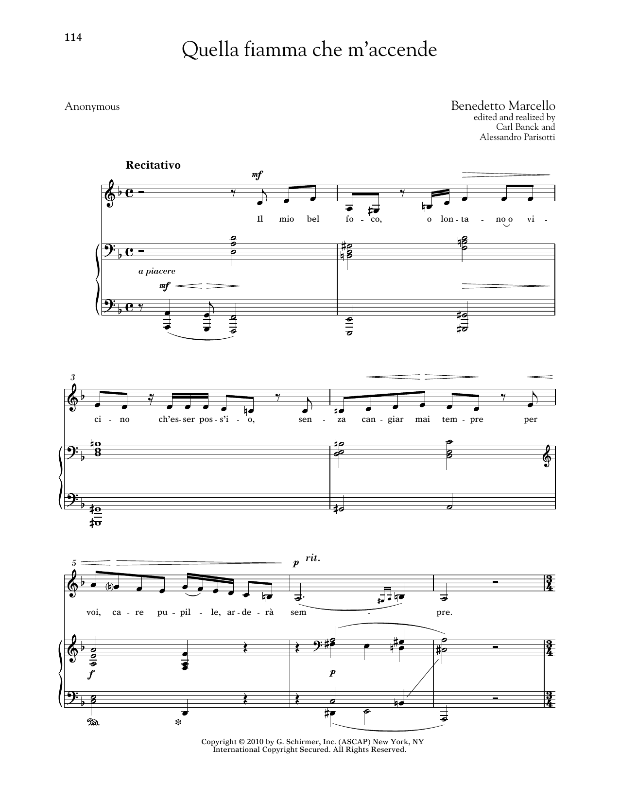 Benedetto Marcello Quella Fiamma Che M'accende (Low Voice) Sheet Music Notes & Chords for Piano & Vocal - Download or Print PDF