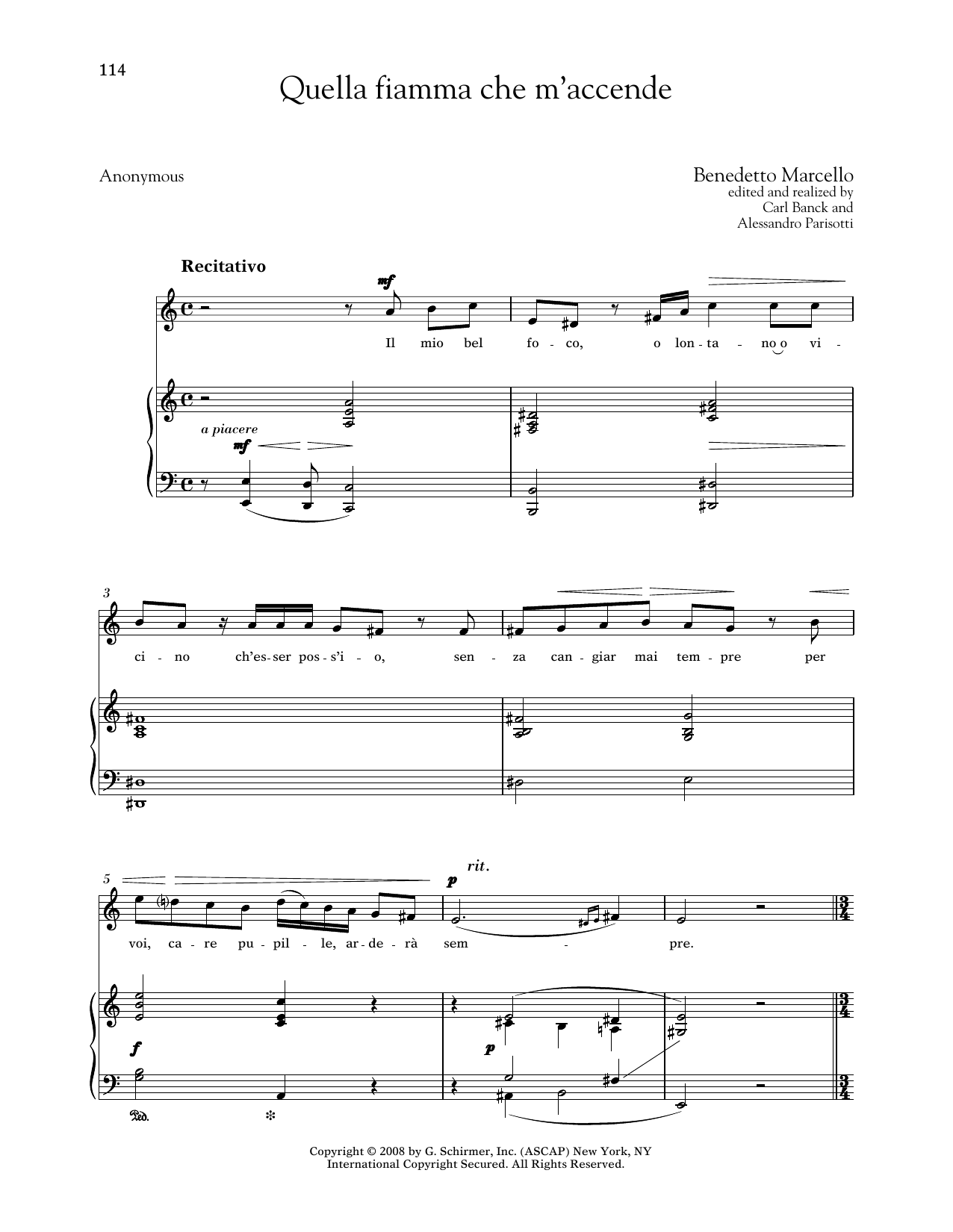 Benedetto Marcello Quella Fiamma Che M'accende (Medium High Voice) Sheet Music Notes & Chords for Piano & Vocal - Download or Print PDF