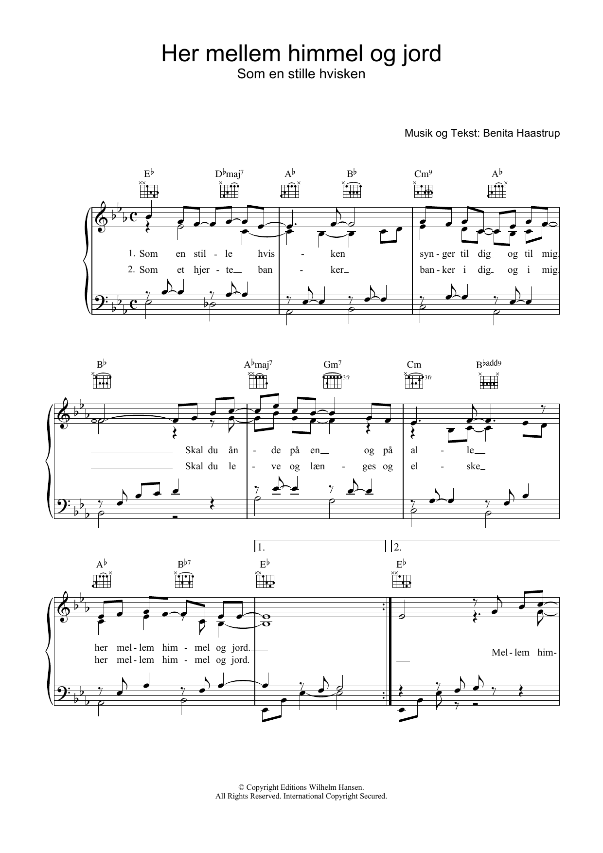 Preview Benita Haastrup Her Mellem Himmel Og Jord Pop sheet music, notes and chords for Piano, Vocal & Guitar (Right-Hand Melody), SKU: 34135 Her Mellem Himmel Og Jord sheet music