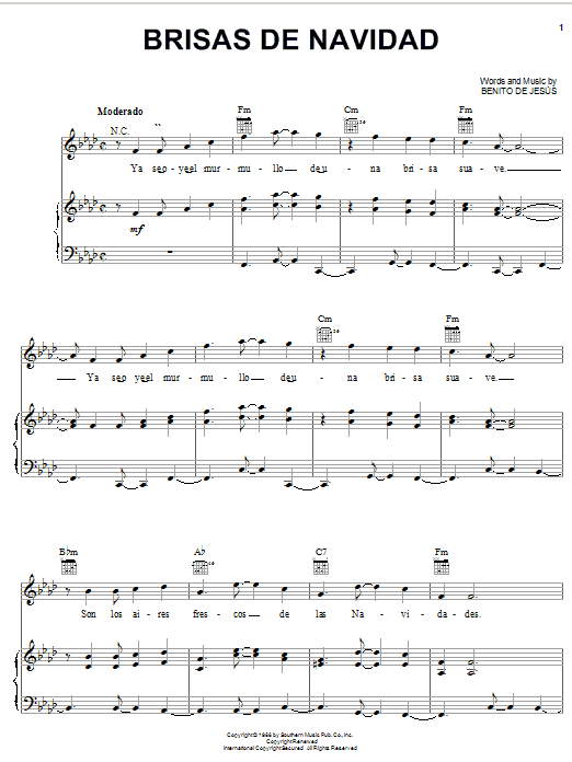 Benito De Jesus Brisas De Navidad Sheet Music Notes & Chords for Piano, Vocal & Guitar (Right-Hand Melody) - Download or Print PDF
