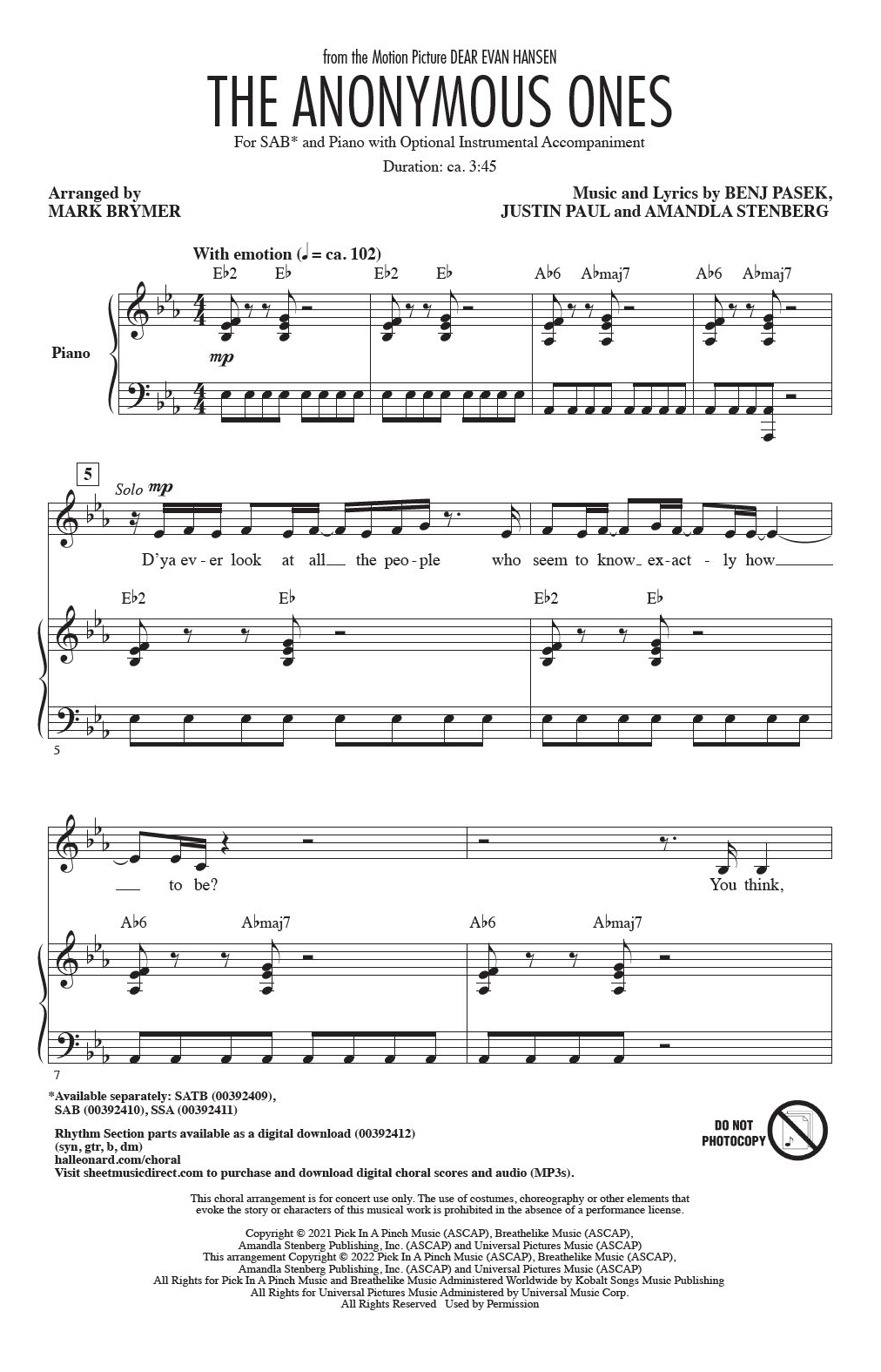 Benj Pasek, Justin Paul & Amandla Stenberg The Anonymous Ones (from Dear Evan Hansen) (arr. Mark Brymer) Sheet Music Notes & Chords for SAB Choir - Download or Print PDF