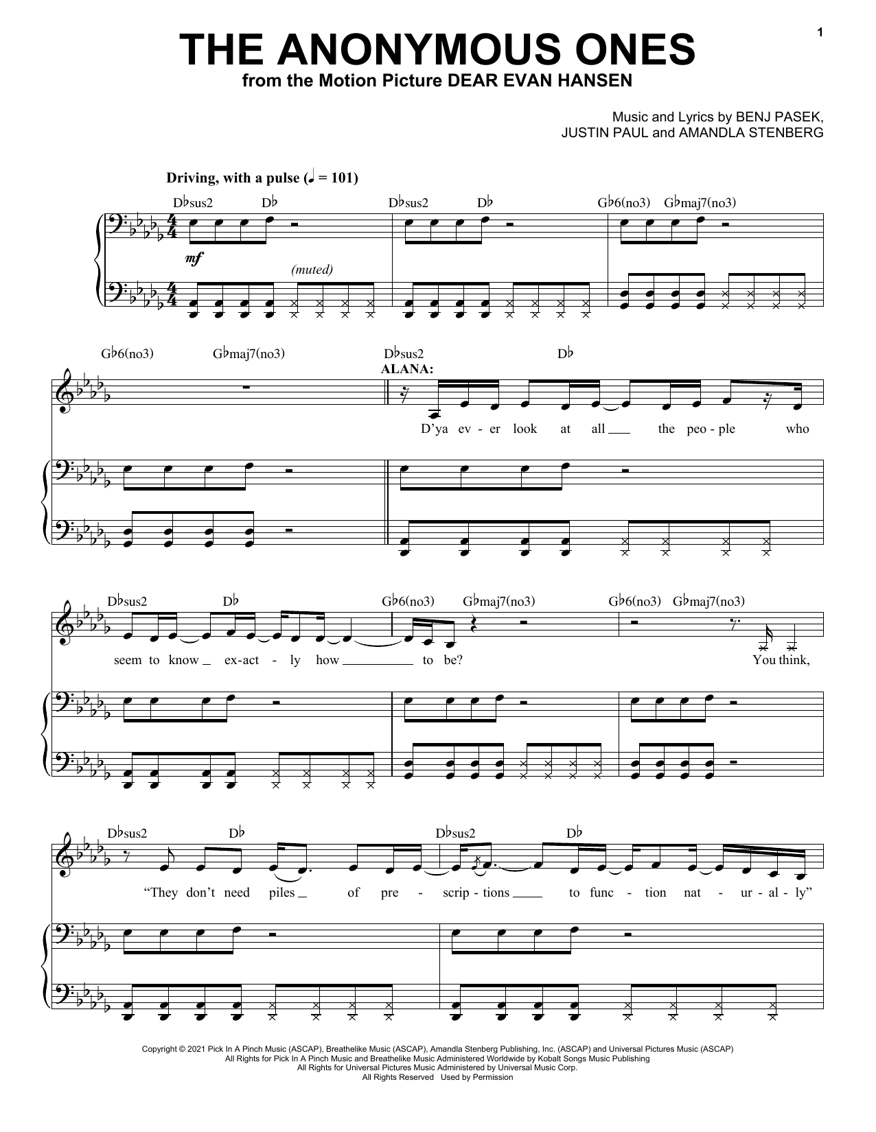Benj Pasek, Justin Paul & Amandla Stenberg The Anonymous Ones (from Dear Evan Hansen) Sheet Music Notes & Chords for Piano & Vocal - Download or Print PDF