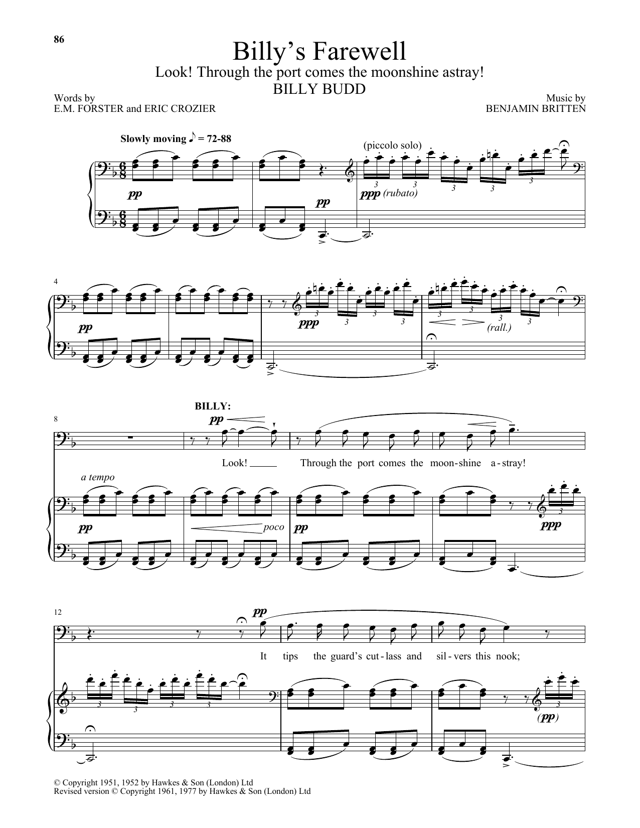 Benjamin Britten Billy's Farewell (Look! Through The Port Comes The Moonshine Astray!) Sheet Music Notes & Chords for Piano & Vocal - Download or Print PDF