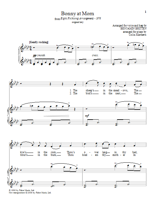 Benjamin Britten Bonny at morn (from Eight Folksong Arrangements - 1976) Sheet Music Notes & Chords for Piano & Vocal - Download or Print PDF