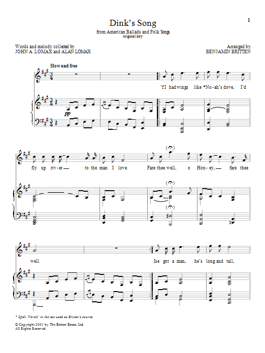 Benjamin Britten Dink's Song Sheet Music Notes & Chords for Piano & Vocal - Download or Print PDF