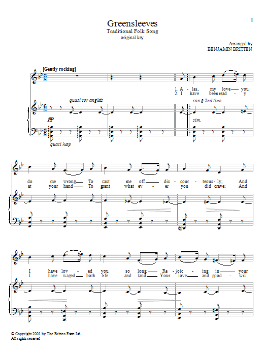 Benjamin Britten Greensleeves Sheet Music Notes & Chords for Piano, Vocal & Guitar (Right-Hand Melody) - Download or Print PDF