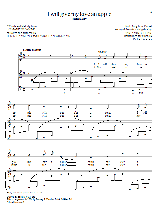 Benjamin Britten I Will Give My Love An Apple Sheet Music Notes & Chords for Piano, Vocal & Guitar (Right-Hand Melody) - Download or Print PDF