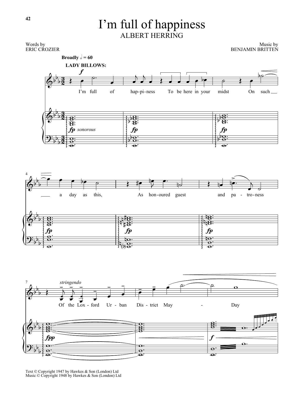 Benjamin Britten I'm full of happiness (from Albert Herring) Sheet Music Notes & Chords for Piano & Vocal - Download or Print PDF