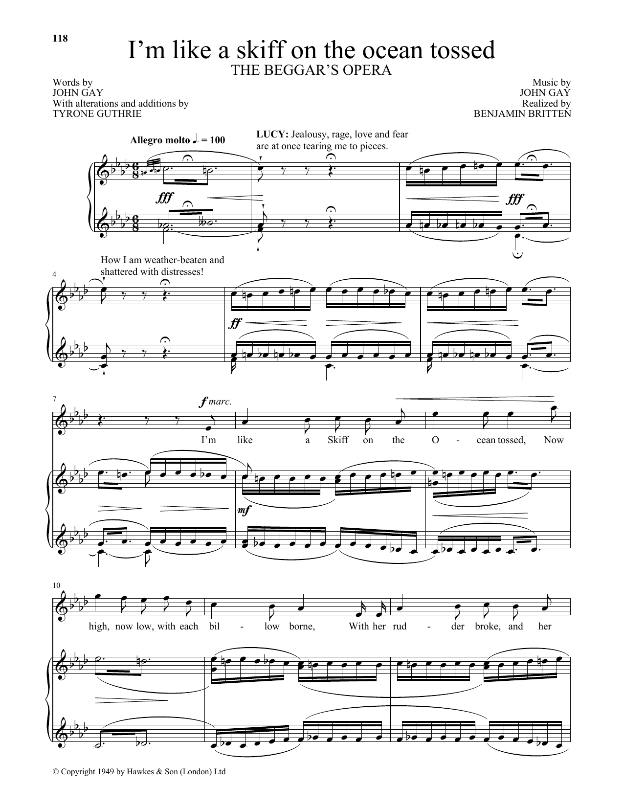 Benjamin Britten I'm like a skiff on the ocean tossed (from The Beggar's Opera) Sheet Music Notes & Chords for Piano & Vocal - Download or Print PDF