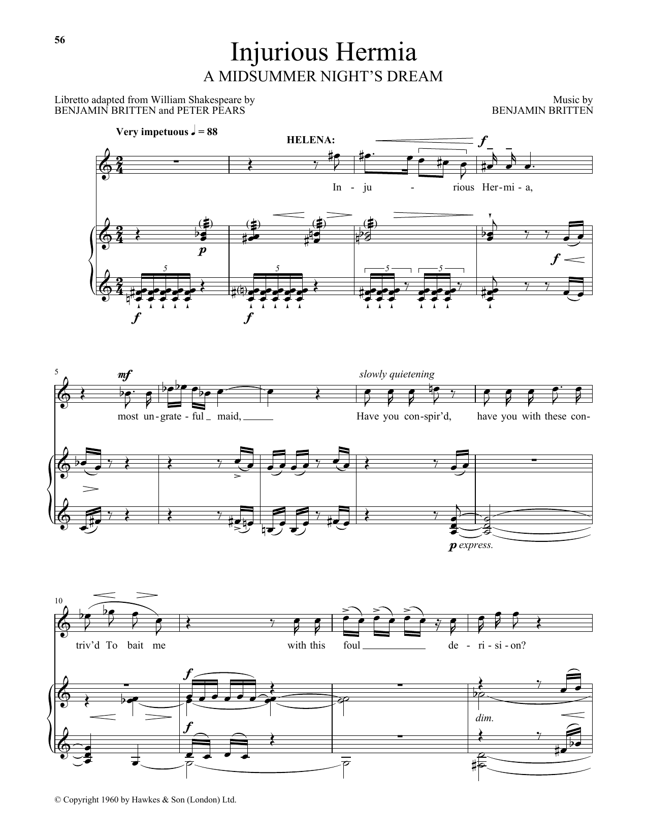 Benjamin Britten Injurious Hermia (from A Midsummer Night's Dream) Sheet Music Notes & Chords for Piano & Vocal - Download or Print PDF