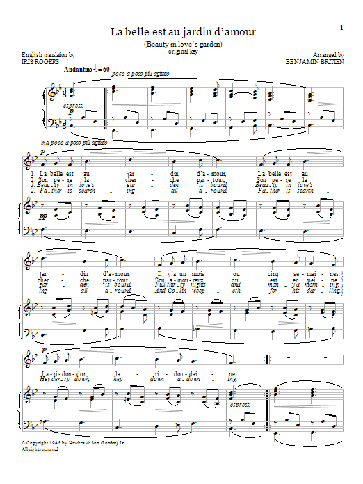 Benjamin Britten La belle est au jardin d'amour Sheet Music Notes & Chords for Piano & Vocal - Download or Print PDF