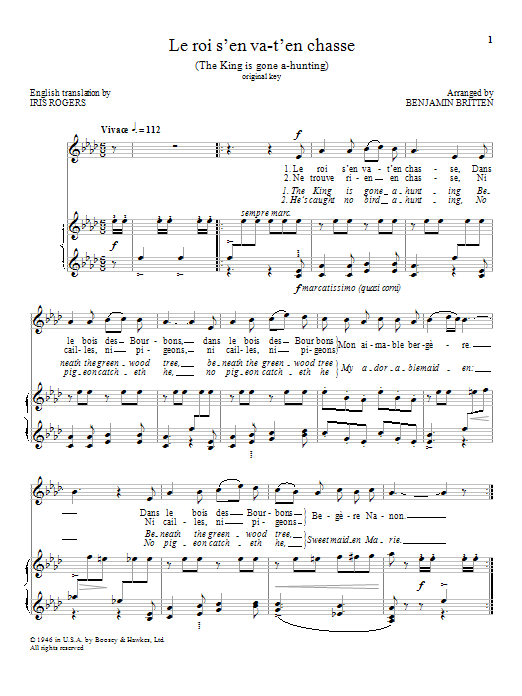 Benjamin Britten Le roi s'en va-t'en chasse Sheet Music Notes & Chords for Piano & Vocal - Download or Print PDF