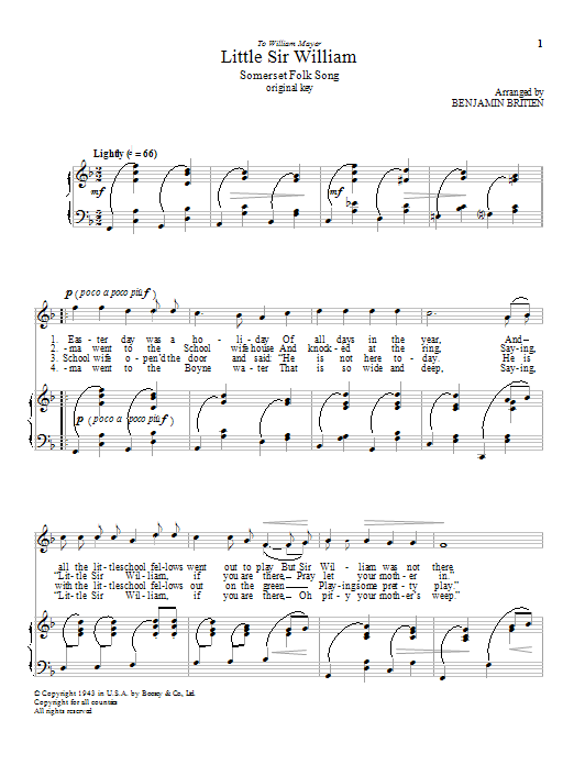 Benjamin Britten Little Sir William Sheet Music Notes & Chords for Piano & Vocal - Download or Print PDF