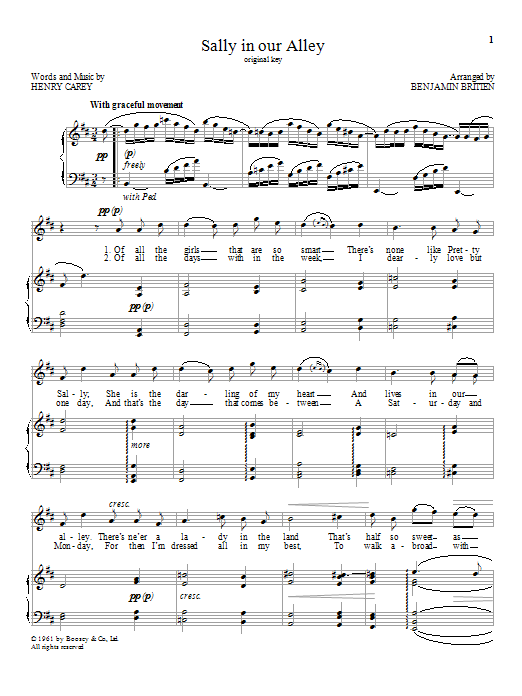 Benjamin Britten Sally in our Alley Sheet Music Notes & Chords for Piano & Vocal - Download or Print PDF