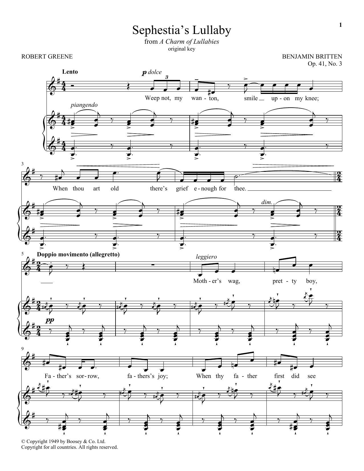 Benjamin Britten Sephestia's Lullaby Sheet Music Notes & Chords for Piano & Vocal - Download or Print PDF