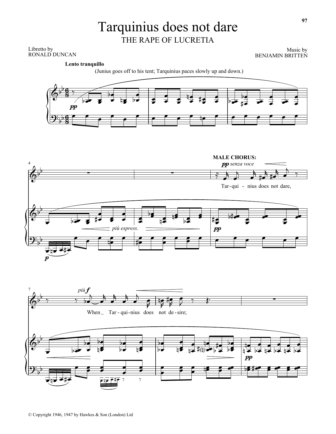 Benjamin Britten Tarquinius does not dare (from The Rape Of Lucretia) Sheet Music Notes & Chords for Piano & Vocal - Download or Print PDF