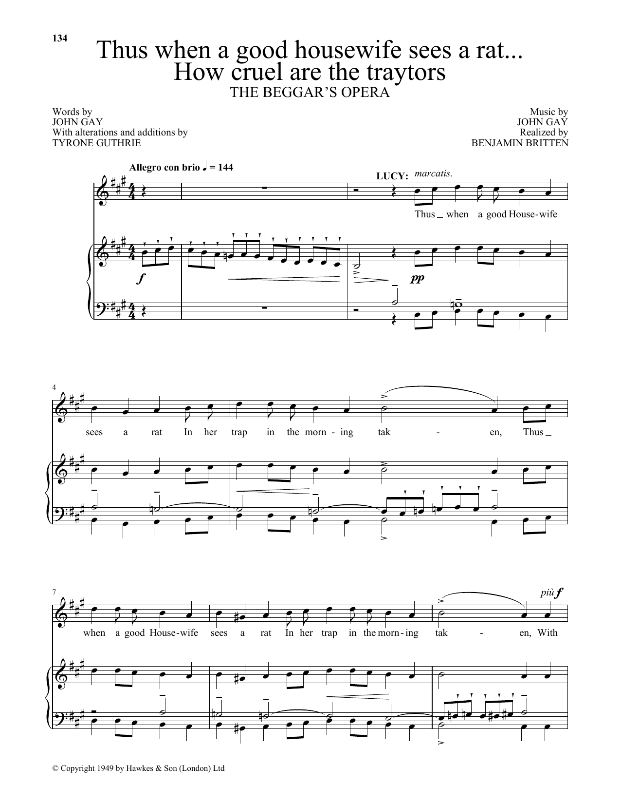 Benjamin Britten Thus when A good housewife sees a rat...How cruel are the traytors (from The Beggar's Opera) Sheet Music Notes & Chords for Piano & Vocal - Download or Print PDF