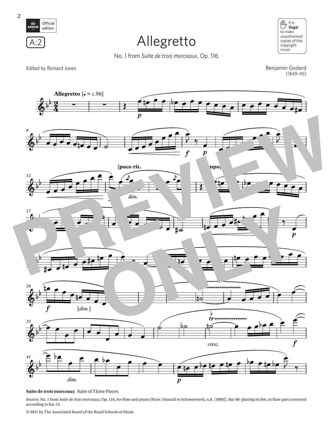 Benjamin Godard Allegretto (from Suite de trois morceaux) (Grade 6 List A2 from the ABRSM Flute syllabus from 2022) Sheet Music Notes & Chords for Flute Solo - Download or Print PDF