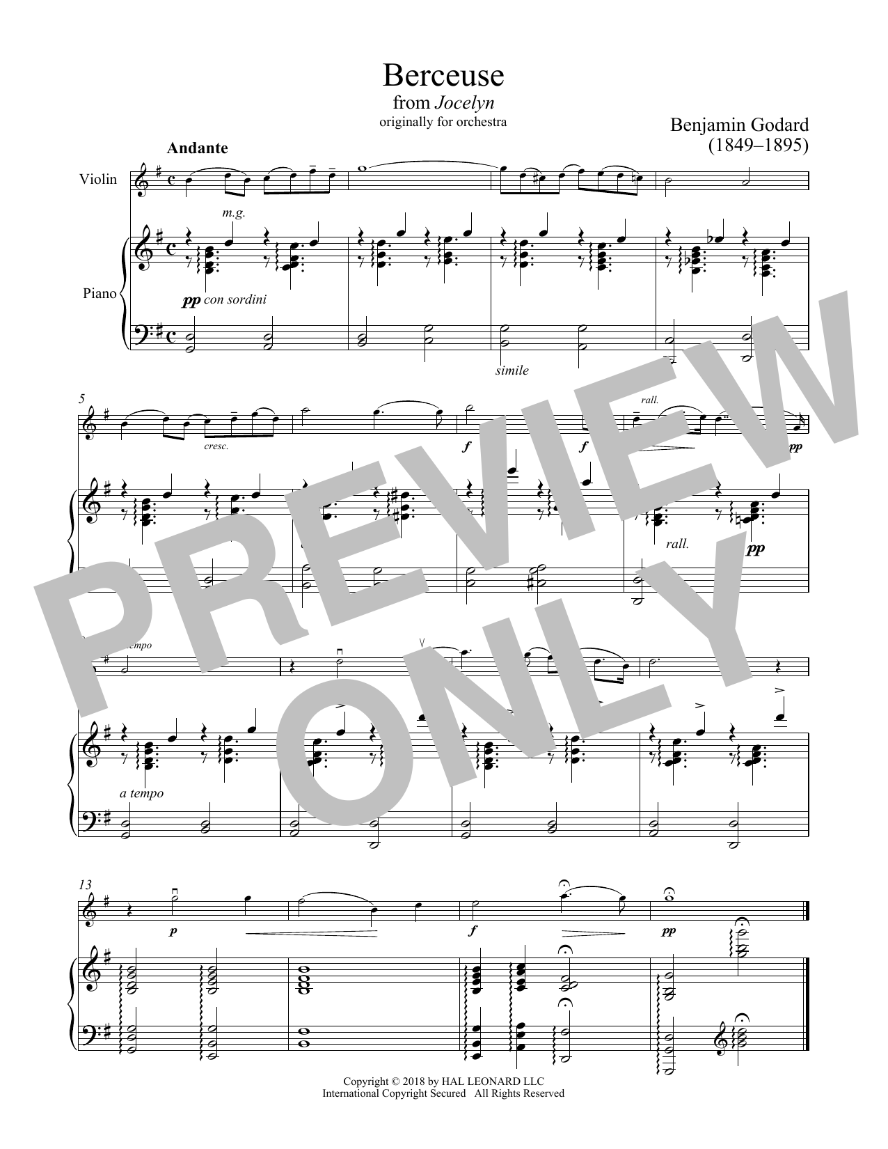 Benjamin Godard Berceuse Sheet Music Notes & Chords for Violin and Piano - Download or Print PDF