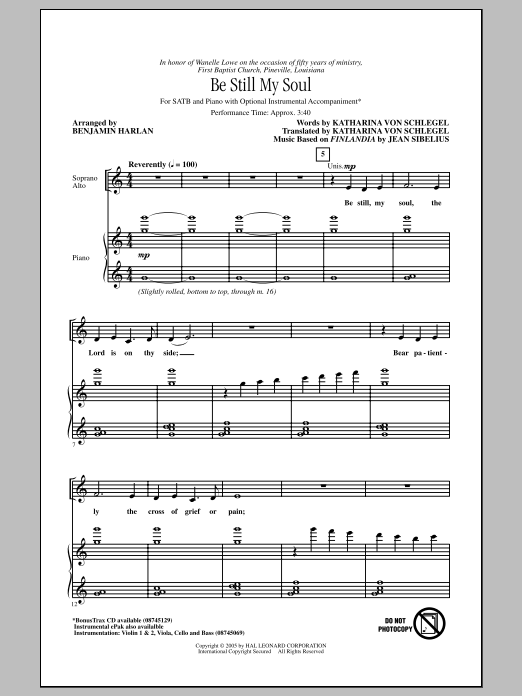Benjamin Harlan Be Still My Soul Sheet Music Notes & Chords for SATB - Download or Print PDF