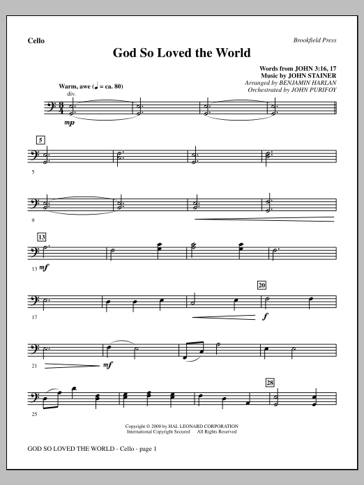 Benjamin Harlan God So Loved The World Chamber Orchestra - Cello Sheet Music Notes & Chords for Choir Instrumental Pak - Download or Print PDF