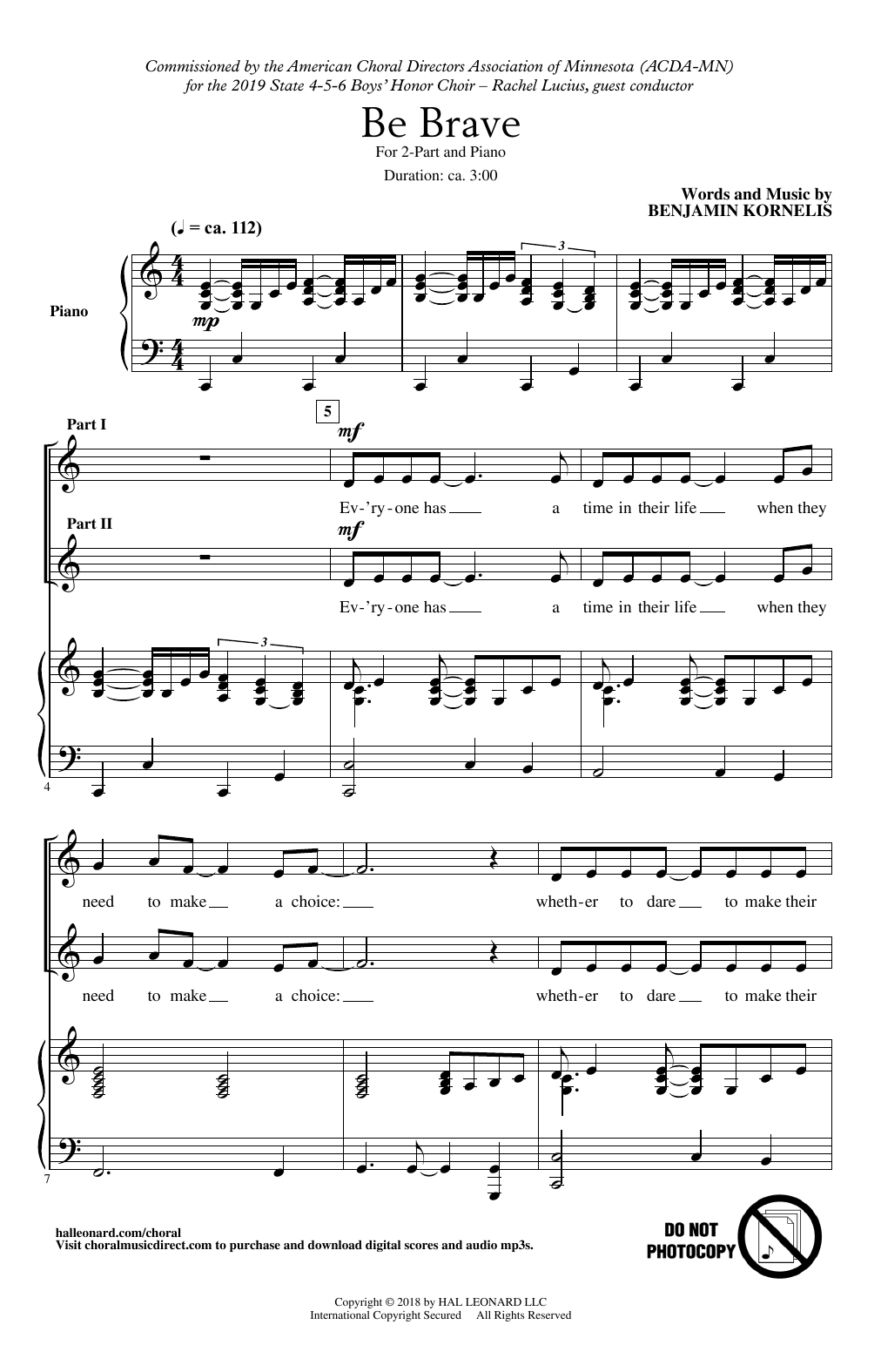Benjamin Kornelis Be Brave! Sheet Music Notes & Chords for 2-Part Choir - Download or Print PDF