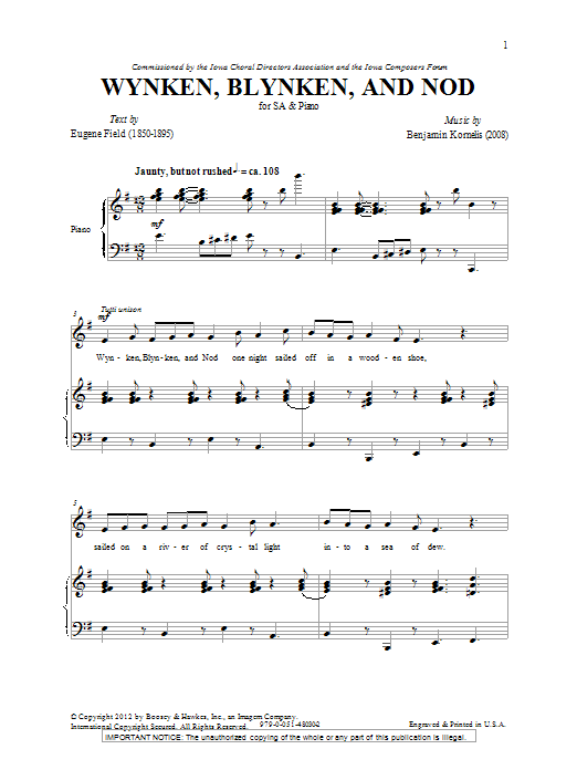 Benjamin Kornelis Wynken, Blynken And Nod Sheet Music Notes & Chords for 2-Part Choir - Download or Print PDF