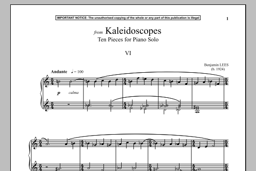 Benjamin Lees Kaleidoscopes, Ten Pieces For Piano Solo, VI. Sheet Music Notes & Chords for Piano - Download or Print PDF Benjamin Lees Kaleidoscopes, Ten Pieces For Piano Solo, VI. Sheet Music Notes & Chords for Piano - Download or Print PDF