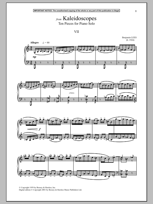 Benjamin Lees Kaleidoscopes, Ten Pieces For Piano Solo, VII. Sheet Music Notes & Chords for Piano - Download or Print PDF
